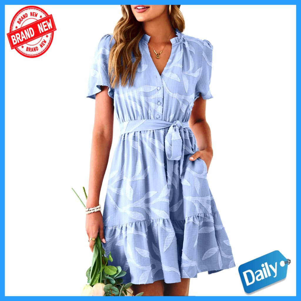 Empire Waist Mini Dress With Pockets, Short Sleeve, A-Line Boho Sundress